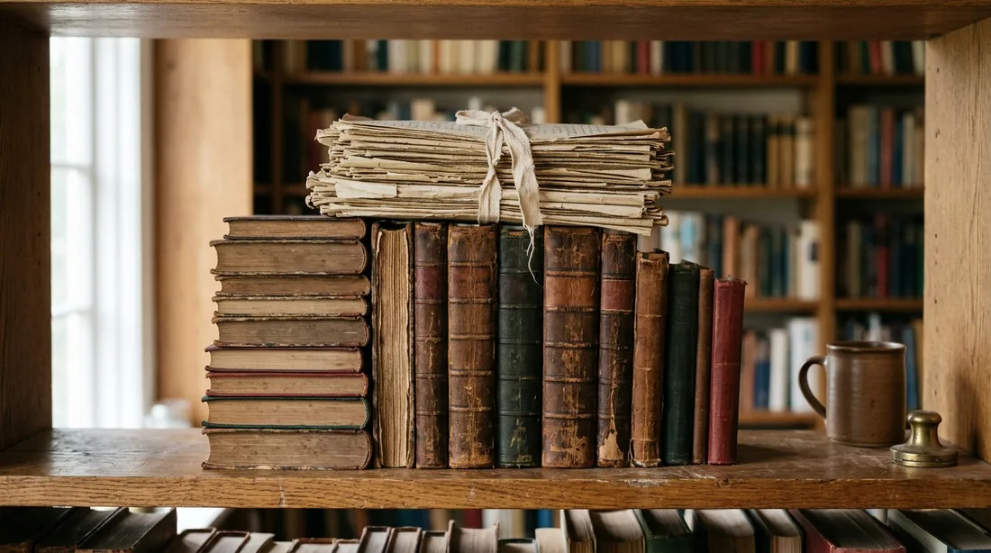 Stapel alter Papiere und gebundener Bücher in einem Regal bei Tageslicht