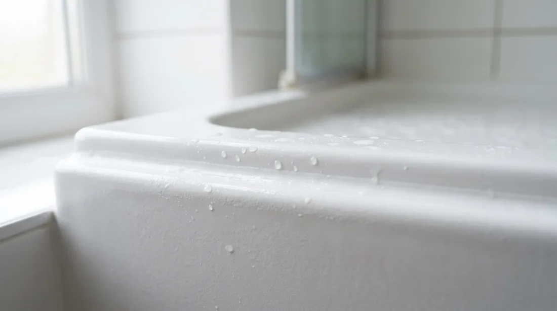 Rand einer weißen Duschwanne mit Wassertropfen, dahinter die Duschkabine