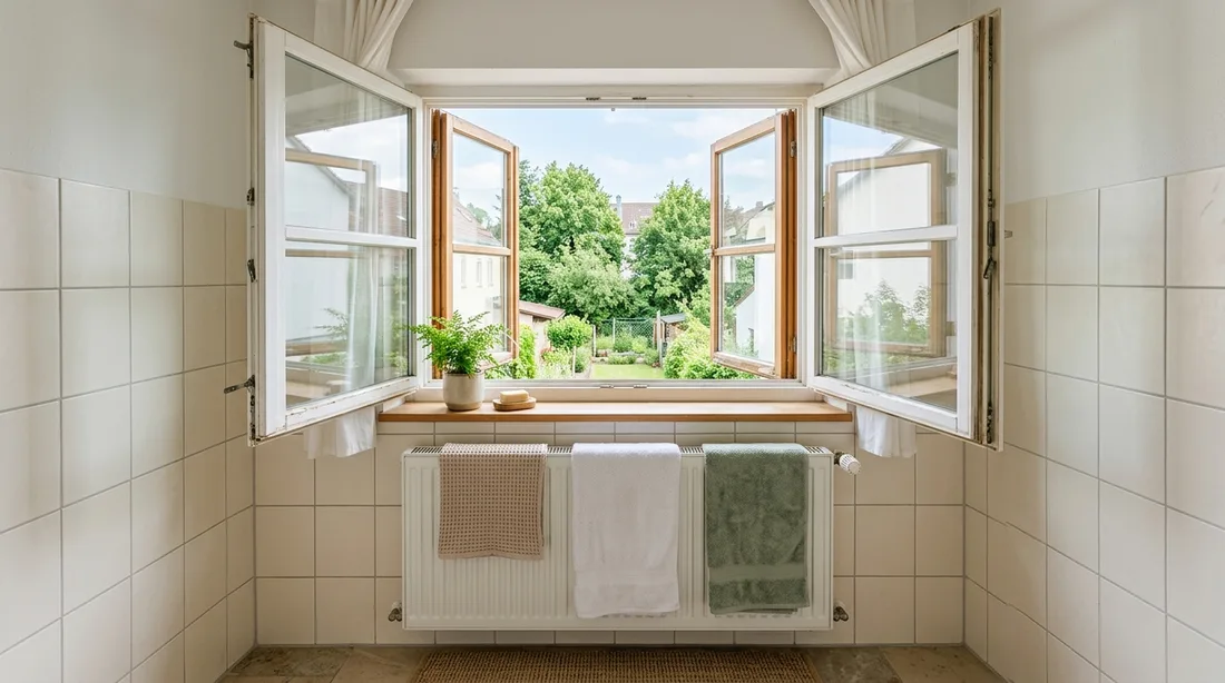 Weit geöffnetes Fenster in einem gefliesten Bad mit Handtüchern auf der Heizung