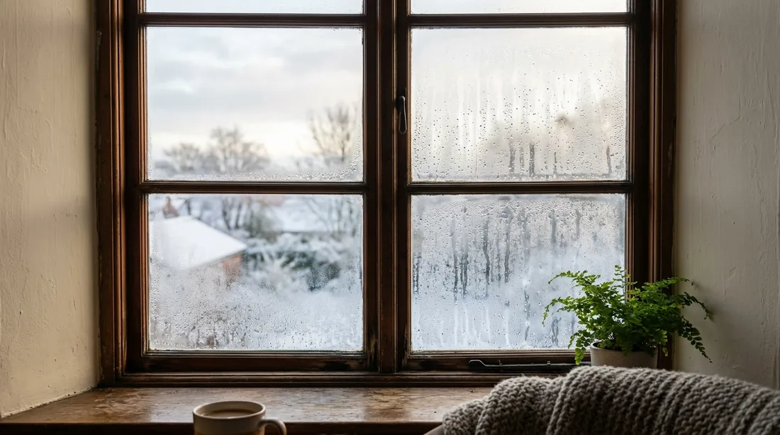 Beschlagene Fensterscheibe mit Kondenswasser an einer kalten Außenwand